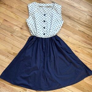 Vintage 80s Navy Blue Polka Dot Cotton Sleeveless Dress